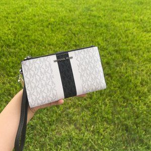 NWT Michael Kors Jet Set Double Zip Phone Wristlet MK Logo Optic White Multi